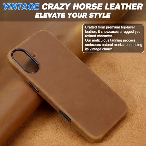 Image of SHIELDON Genuine Leather Case for iPhone 17 6.3 inch 2025, Crazy Horse Brown | Crazy Horse Leather, for MagSafe, Magnetic Wireless Charging, Metal Buttons, Camera Button, Camera Bezel, Shockproof, Slim