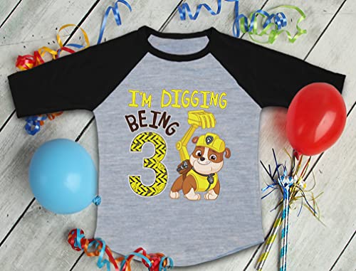 Image of Tstars Paw Patrol Rubble 3rd Birthday Baseball Tee Toddler Boy 3 /4 | Soft raglan Rubble digging tee for turning three; great for 3rd birthday, construction party, photo gift