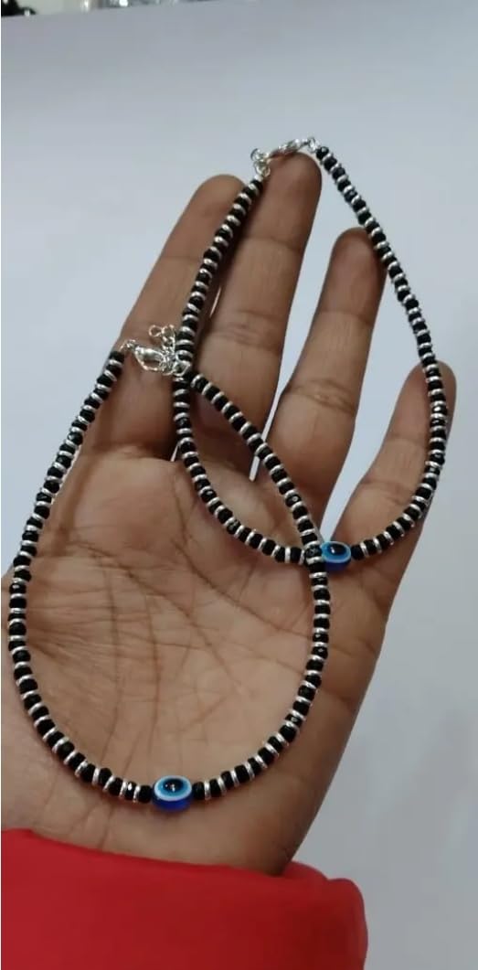 Evil Eye Beaded Anklet Set for Women, Black Crystal Beads with Blue Evil Eye Charm 1 pair-image-12