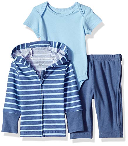 Hanes Ultimate Baby Zippin Pants and Knit Hoodie with Short Sleeve Bodysuit Set, Blue Stripe, 0-6 Months