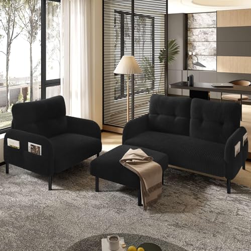 KOMHTOM Canapé 3 Places Modulaire avec Fauteuil, Tabouret, 4 Poches Latérales et Pieds de Chaise en Métal - Canapé Salon Moderne Confortable (Noir -...