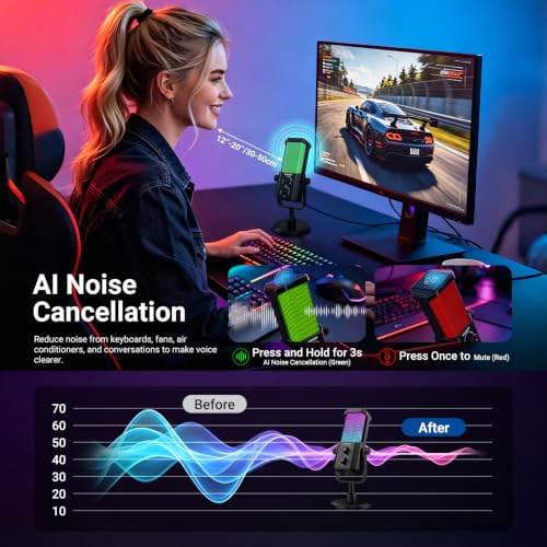 Image of NEEWER UM01 AI Noise Canceling USB Microphone, Plug & Play Cardioid RGB Condenser Mic Mute /Music Sync /App Control for Android Windows PC Mac PS4 /5 Gaming Recording Streaming Podcasting Studio Computer