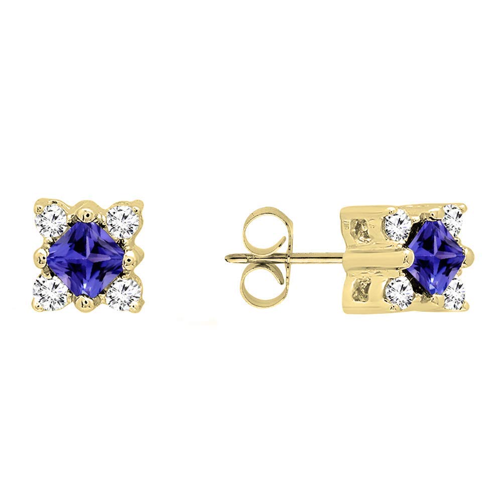 Dazzlingrock Collection Princess Tanzanite & Round White Diamond Women Square Shape Stud Earrings, 14K Solid Yellow Gold