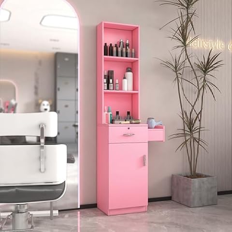 HyorecyTech Simple Design salon station, 3 Tier shelf barber station with storage, Particleboard barber station with Multi-layer Storage (modern simple hair desk - Pink) Cover