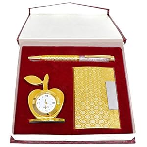 Crownlit 3 in 1 Apple Shape Clock, Card Holder with Premium Metal Pen for Gifting (Golden with Crystal Pen)