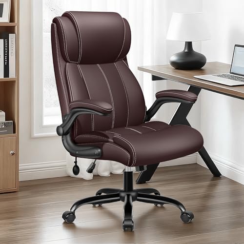 Image of BESTFAIR Ergonomic Computer Desk Chair, Inflatable Lumbar Support, Coffee | Neck & Lumbar Support for Prolonged Sitting, Flip-Up Arms, Wide & Deep Seat, Scratch-Resistant PU Leather, Tilt Swivel 6 Pack