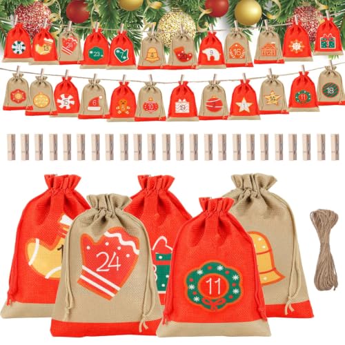 Calendrier de l'Avent à Remplir : Lot de 24 Grands Sacs en Jute de Noël 18x13 cm