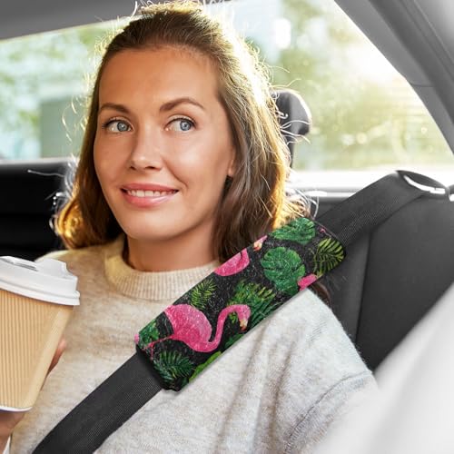 Image of Hot Pink Flamingos and Green Tropical Leaves Seat Belt Cover Pad 2 Pcs Soft Cute Seatbelt Covers Protector Support Head Neck Shoulder Strap for Car Seats High Chair Backpack for Adults Kids Wom