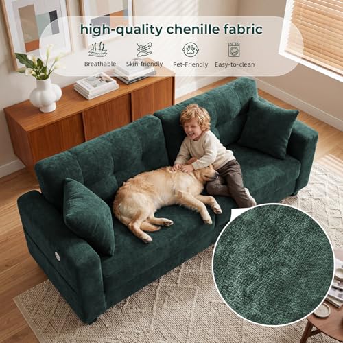 Image of 87 inch Loveseat Sofa for Living Room, Chenille Couch with USB /Type-C Charging Ports, Side Pockets, Removable Cover, Wide Armrests, Small Couch for Small Space, Easy to Assemble, Green