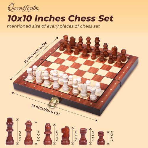 Image of QueensRealm 10 Inch Chess Board Set Wooden Handmade Magnetic Foldable Chessboard for Kids & Adults, Compact & Portable Travel Chess with Inbuilt Storage 2 Players Board Game(10 Inch x 10 Inch- Wooden)
