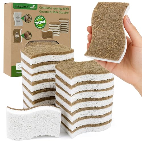 Image of 18 Pack Natural Kitchen Sponges, Biodegradable & Compostable | Non-Scratch Cellulose Coconut Fiber Sponges for Dishes, Pots & Pans | Eco-Friendly Cleaning Sponge (18)