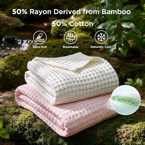 Image of Bedsure Cooling Cotton Waffle Queen Size Blanket - Lightweight Breathable Blanket of Rayon Derived from Bamboo for Hot Sleepers,Spring Pink, 90x90 Inches