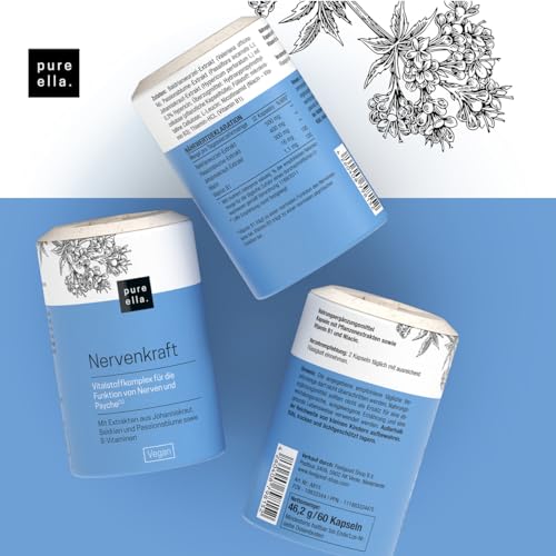 Pure Ella NERVENKRAFT – Hochdosiert, 180 Vegane Kapseln - Baldrian Passionsblume Johanniskraut Kapseln - Vitamin B1 und Niacin für Nerven & Psyche - Laborgeprüft in Deutschland