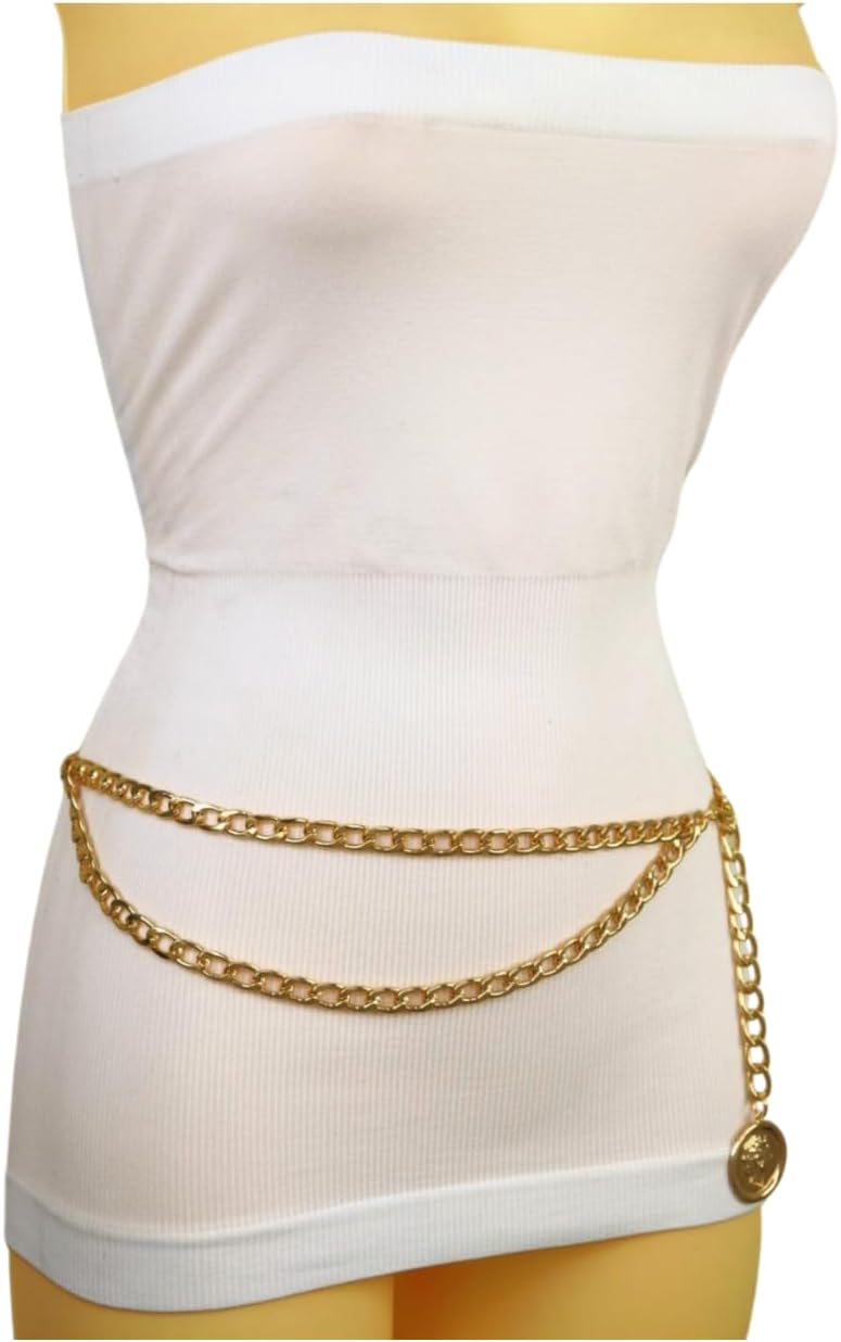 Women Fashion Belt Hip Waist Gold Metal Chain Links Wave Coin Charm Medallion Size M L XL z306