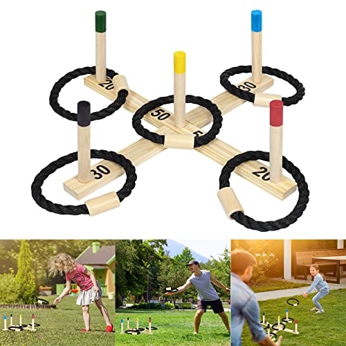 YRHome Wurfspiel Ringwurfspiel Garten Spiele Outdoor Spielzeug Gartenspiele Spielspaß Kinderspiele für Kinder und Erwachsene aus Kiefernholz mit 5 Hölzerne Seilringe, 5 Bunt Spielstäben und 1 Kreuz
