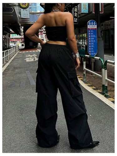 Verdusa Women's Plus Size Cargo Pants Drawstring High Waist Flap Pocket Loose Trousers2