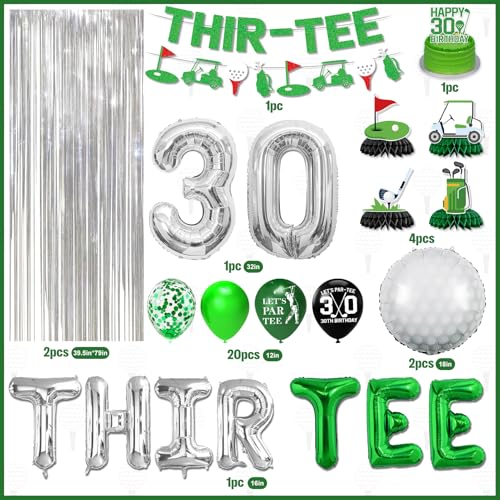 Image of 30th Birthday Decorations for Him, Golf 30th Birthday Decorations for Men Including THIR-TEE Banner Silver Fringe Curtain Golf Themed Honeycomb Centerpieces 30 Foil Balloons