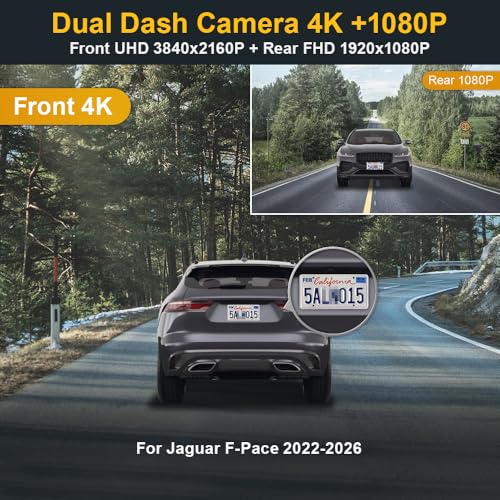 Image of Fitcamx Front 4K+Rear 1080P Dash Cam Adapts for Jaguar F-Pace 2022-2026 (Model 6321) P250 P340 P400 R-Dynamic S SVR X761, Dual HD Video, OEM Style, WiFi & APP, Loop Recording, G-Sensor, 128GB Card