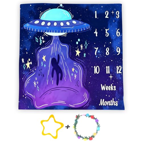 Image of UFO Baby Monthly Milestone Blanket, 48x48in Soft Flannel, Alien Round Spaceship, Newborn Mom Gifts, Baby Shower Age Growth Tracker with Bonus Maker (Purple Blue, 48x48in)