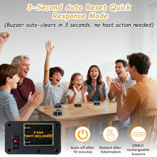Image of Buzzers for Trivia Games, Rechargeable Answer Buzzers for Classroom with Light, Show Who Buzzed First, 3-Second Auto Reset Buzzer System for Game Show, School, Jeopardy, Family Feud Night (8 Colors)