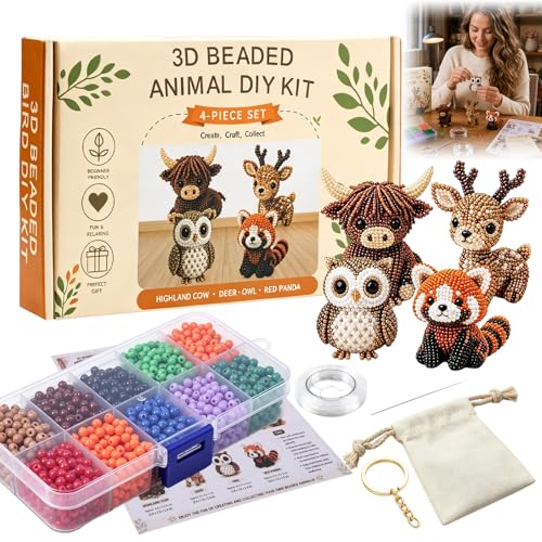 Kanroadi 3D Beaded Animal Kit Beaded Animal Kit Cute Animal Beading Craft Set Handmade Bead Art Mosaic Kit Stress Relief Creative DIY Decoration Gifts for Beginner (Forest Friends)
