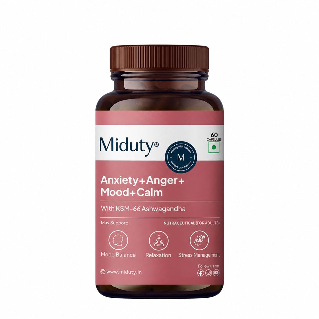 Miduty Anxiety Anger Mood Calm Supplement Helps in Happy Mood & Anti Depressant,Stress Reduce|KSM-66 Ashwagandha Root 800mg with Holy Basil Leaf Extract 200 mg,L Theanine|Non Addictive|60 Capsules