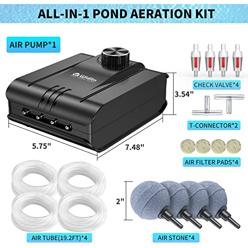 Pond Aeration Kit, Widitn Pond Air Pump Kit For Water Gardens & Koi Fish Ponds Up To 2500 Gallons, Adjustable Koi Pond Aerator Quiet Aquarium Air Pump With Airline Tubing Air Stones Check Valves #TOP3