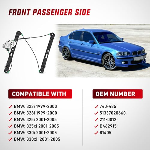 Image of Nilight 740-485 Front Passenger Side Power Window Regulator,Compatible with BMW E46 323i 325i 325xi 328i 330i 330xi 1999 2000 2001 2002 2003 2004 2005