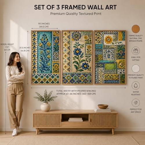 Image of Livin'luxe Set of 3 Blue Yellow Floral Tile Wall Paintings for Living Room Dining Bedroom Home Decor with Premium Wooden Color Synthetic Frame (25.5 x 19.5 Inch) NM03-70