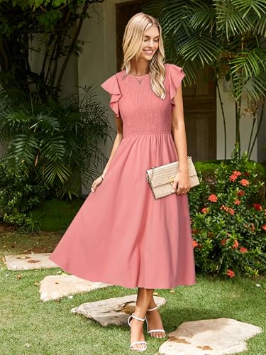 Image of Simplee Womens Striped Midi Summer Dress Linen Smocked Flutter Short Sleeve Dress Flowy Casual Dress with Pockets
