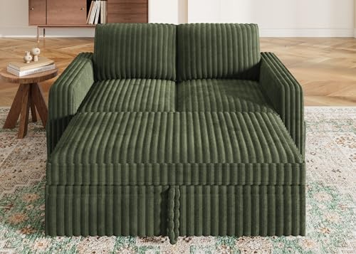 Image of HONBAY Modular Pull Out Sofa Bed,Corduroy Loveseat, Couches for Living Room,Green