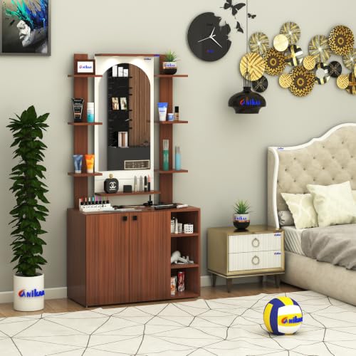 Image of Anikaa Venza Engineered Wood Dressing Table with Wall Mounted Mirror & LED Lights Open Shelf | Makeup Vanity Storage Cabinet with Soft Closed Hinge Door for Bedroom -(Walnut /White) DIY Installation