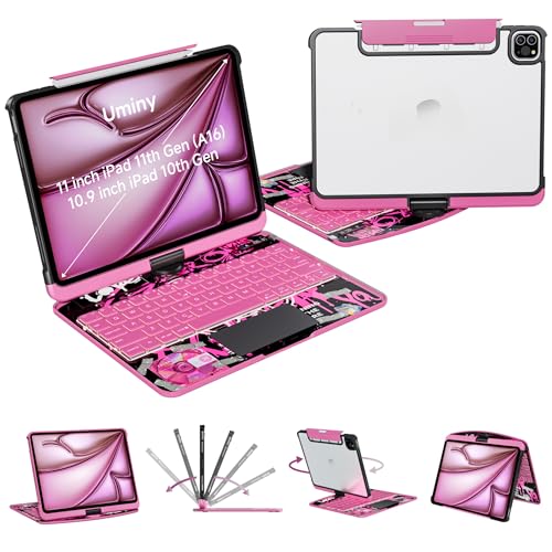 Uminy iPad Keyboard Case for iPad 10th Gen (2022) & 11th (A16, 2025), Magic Wireless Keyboard with Trackpad 7 Color Backlit, 360° Rotating Stand Transparent Protective Cover with Pencil Holder (Pink)