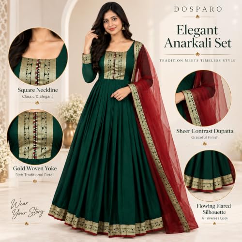 Image of Elegant Vichitra Silk Gown with Jacquard Zari Border - Includes Soft Net Dupatta with Lace Trim - Parrty Wear Ethnic Dress for Women & Girls