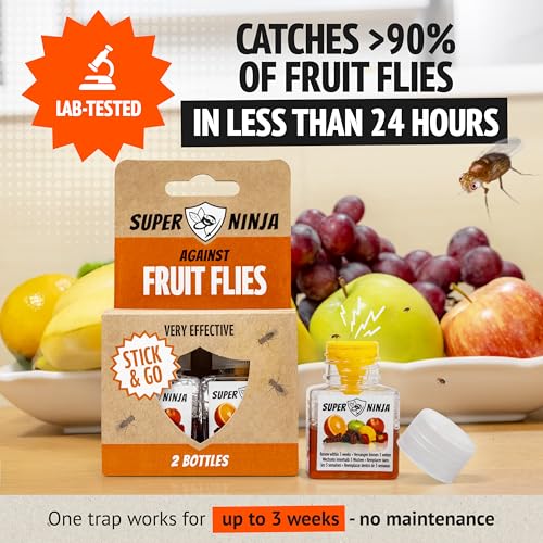 Super Ninja Fruit Fly Trap - 2 pack, Highly Effective Fruit Fly Killer for Home & Kitchen, Up to 3 Weeks of Performance per Bottle, Child & Pet Friendly