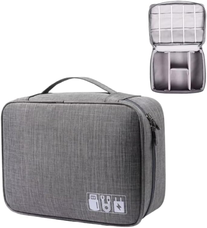 Estojo Organizador Para Cabos Fios Acessórios Eletrônicos Viagem Grande Duplo Modelo Rígido Portátil Multifuncional (Cinza)