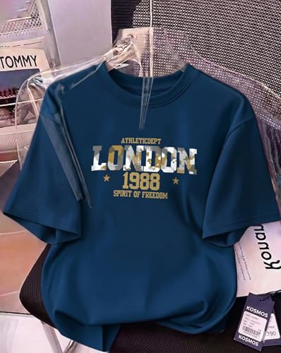 Image of Women's Typography Round Neck Cotton-Blend T-Shirts, Oversized Drop Shoulder Boho Style T-Shirt
