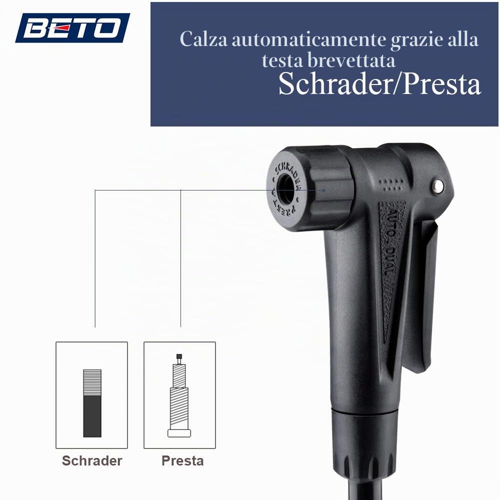 Beto Pompa portatile per bicicletta, pompa da pavimento per bicicletta, con manometro industriale montato sulla parte superiore e pulsante di sfiato dell'aria, valvola Presta Schrader Dunlop