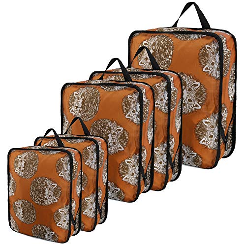 BeeGreen Brown Travel Cubes for Packing Expandable Compression Suitcase Organizer Bags w Double Zippers Sturdy Traveling Accessories for Trip Storage Adorable Hedgehog Print