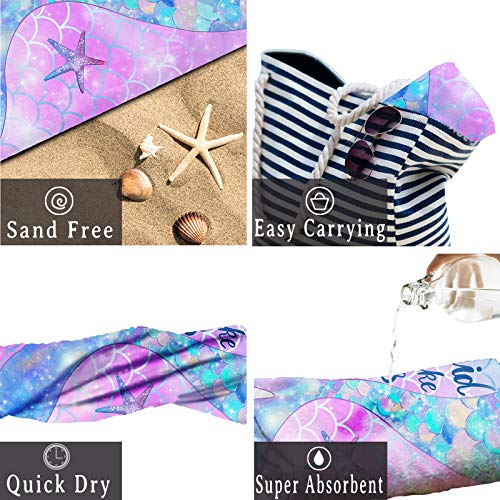 Hexagram Mermaid Beach Towel,Fantasy Mermadi Tail Microfiber Large Bath Towels for Girls, Quick Dry Kids Meraid Pool Towels Oversized 31\" x 63\" Blanket for Travel