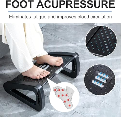 Foot Rest For Under Desk At Work - 6 Heights Adjustable Footrest Ergonomic Stools Office Desks With Massage Rollers Leg Chair (Black)