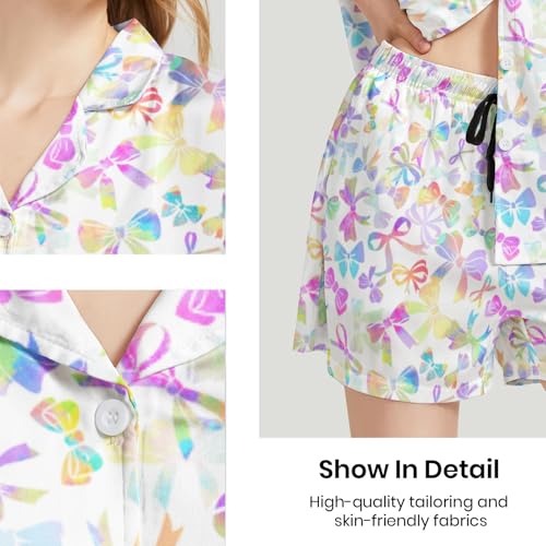 Image of Funny Pajamas for Women Set Print Satin Loungewear Pjs Short Sleeve Button Down Top and Shorts Sets Sleepwear XS-3XL