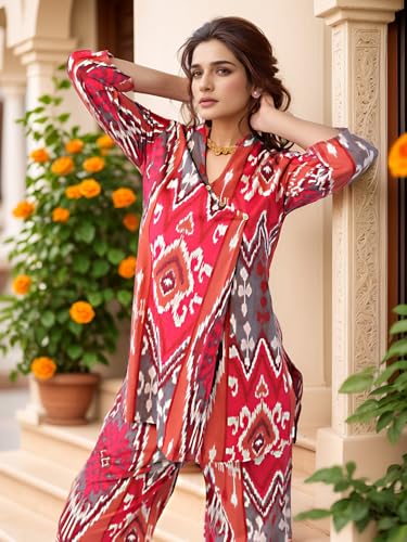 Image of NAINVISH Ethnic Cotton Blend Co Ord Set | Casual Wear Pant Top Set | Fancy Co-Ord Set | Full Pair Set | Women Kurta Sets Kurtis | Women Kurta Pant Set | Coord Sets for Women | Maroon Top Pant Set