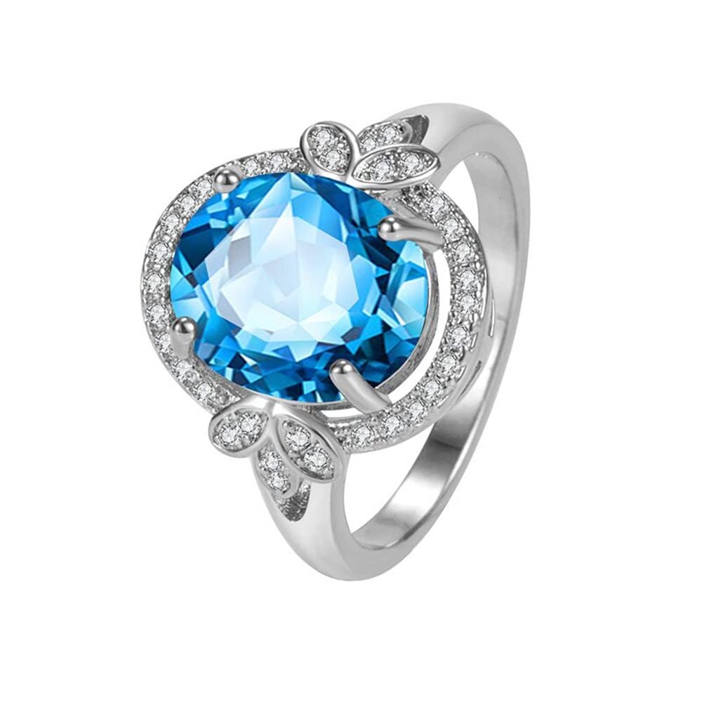 Vintage 925 Sterling Silver Women's Ring Shiny Leaf Zircon Carat Diamond Ring Oval Sea Blue Topaz Engagement Wedding Anniversary Cocktail Knuckle Stacking Finger Rings for Women ST.148 (8)