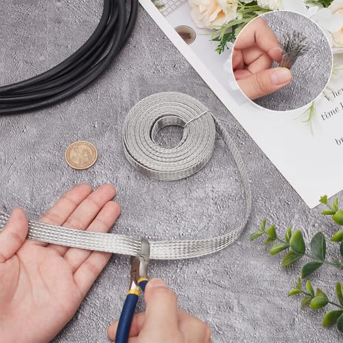 UNICRAFTALE 0.59" Wide Stainless Steel Braided Sleeving Braid 13.12 Feet Cable Wire Shielding Sleeve Ground Straps Protection Metal Mesh Flexible Expandable Scalable Ribbon Flat Wire for Protect Cable - Image 4