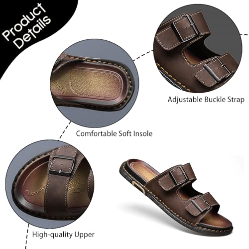 Men's Leather Flat Slides Sandals with Adjustable Buckles Casual Comfort Open Toe Anti-Slip Soft Sole Slip On Slippers for Summer Indoor Outdoor Walking Beach Sandals4