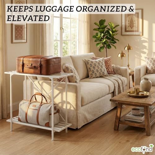 Image of ecofynd Metal Luggage Rack, 2-Tier Space-Saving Travel Organizer, Stable Luggage Holder for Guest Room, Bedroom, Hotel, Holds up to 150 Kg, Strong, Non-Slip Feet, X-Cross Brace at Back (White)
