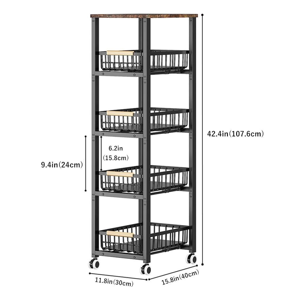 CarolynDesign Metal Wire Baskets with Wheels, Kitchen Storage Stackable Vegetable Fruit Cart Bins with Pull Out Wooden Handel Mat Bottom Sliding Dawers, for Bathroom, Garage and Pantry