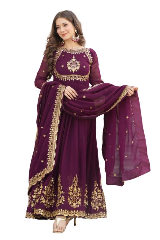 snemmo Women's Faux Blooming Georgette Anarkali Long Dress with Dupatta - Zari Thread & Sequins Embroidery | Full Sleeve Round Neck Kurti| Kurta with Embroidered Dupatta Full-Stitched Long Dress-picture-29