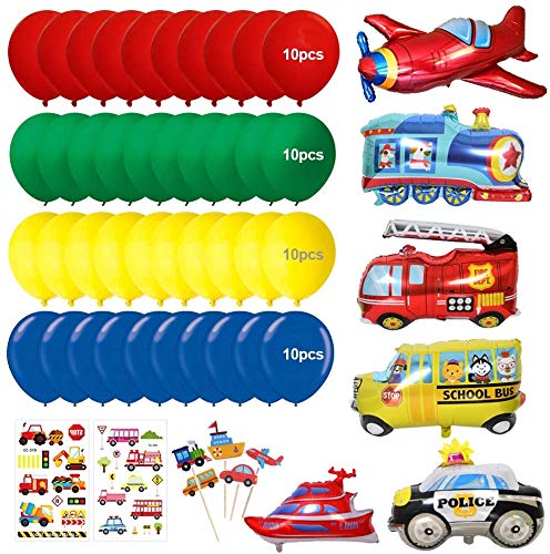 Yansion Construction Party Decorations Boys, Happy Birthday Banner Transport Vehicles Foil Balloons Plane Train Police Car School Bus Yacht Fire Truck Cake Toppers for Dump Truck Party Boys, Baby Shower, Boys 1st Birthday - Thumbnail 2